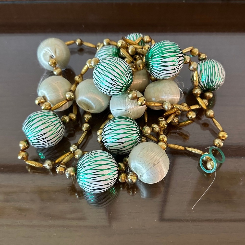 Vintage Christmas‎ Garland Satin Silk Wrapped Balls Green Gold Beads Retro 72''